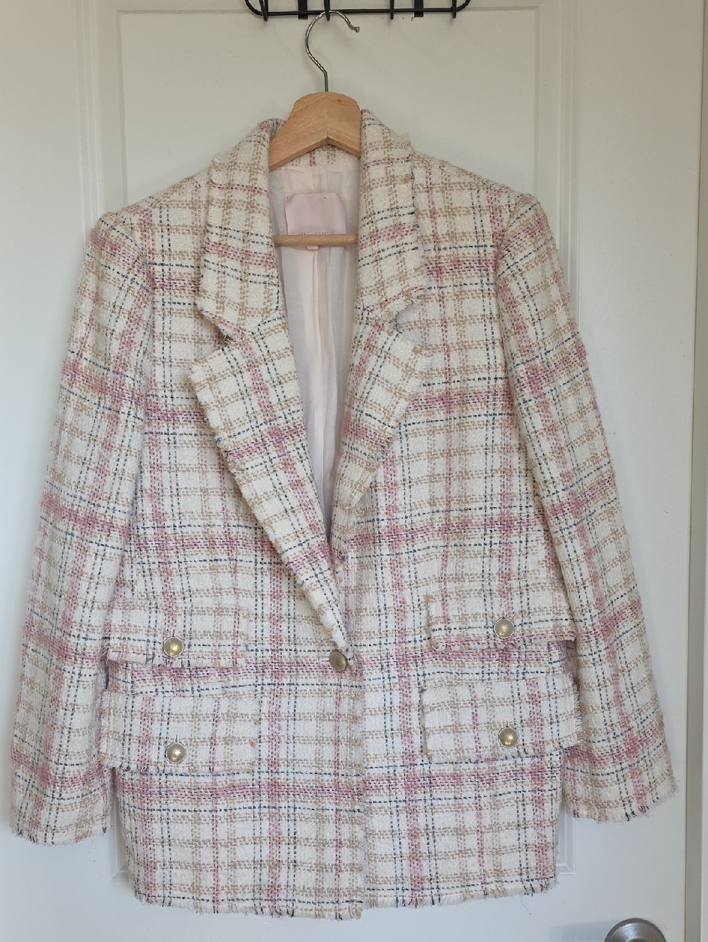 Women's Cream and Pink Tweed Blazer Jacket